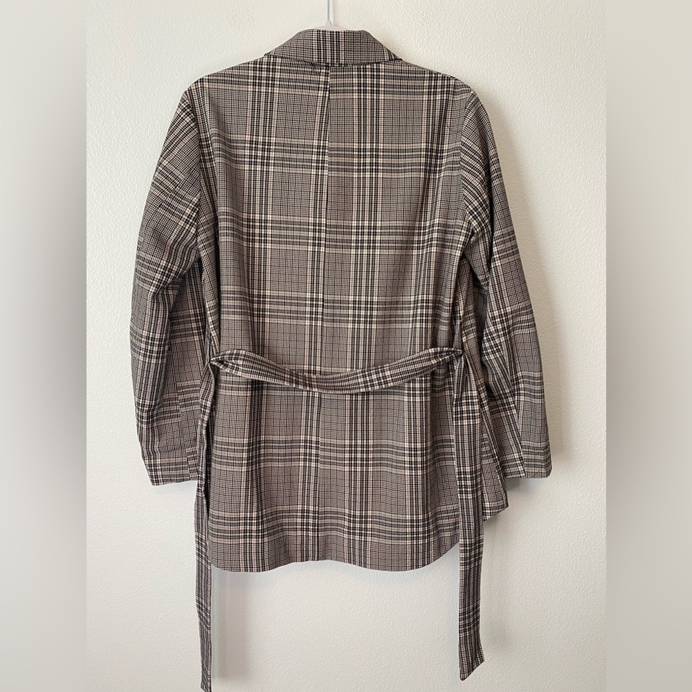 Zara Blush Pink & Black Plaid Double Breasted Stretch Blazer with belt Small - Picture 10 of 13